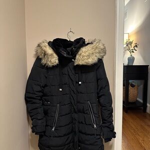 Women's Black Puffer Jacket with Faux Fur Hood